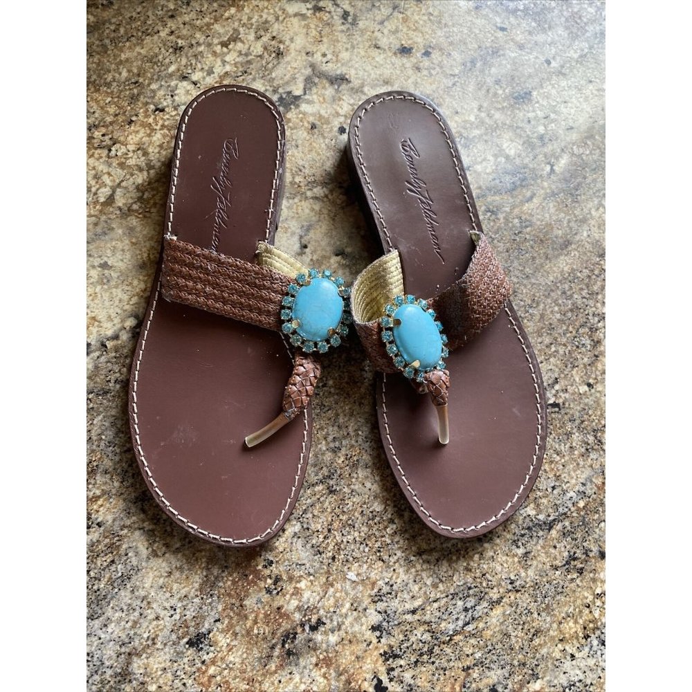 Beverly Fieldman Womens Sz 10M Brown Slip On Turquoise Studded Open Toe Sandals